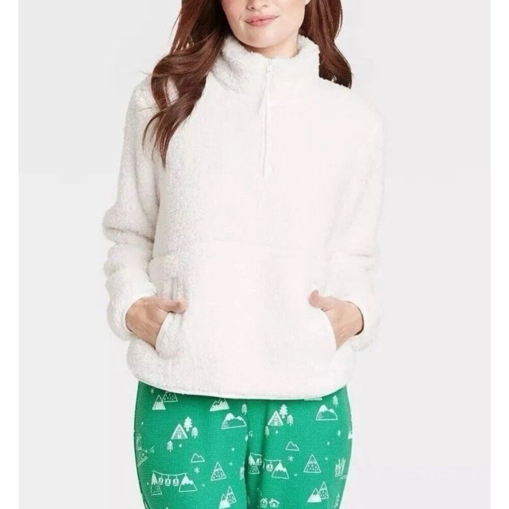 Wondershop Womens Soft Cozy Fleece Sherpa Pullover Jacket 1/4 Zip White Size Med